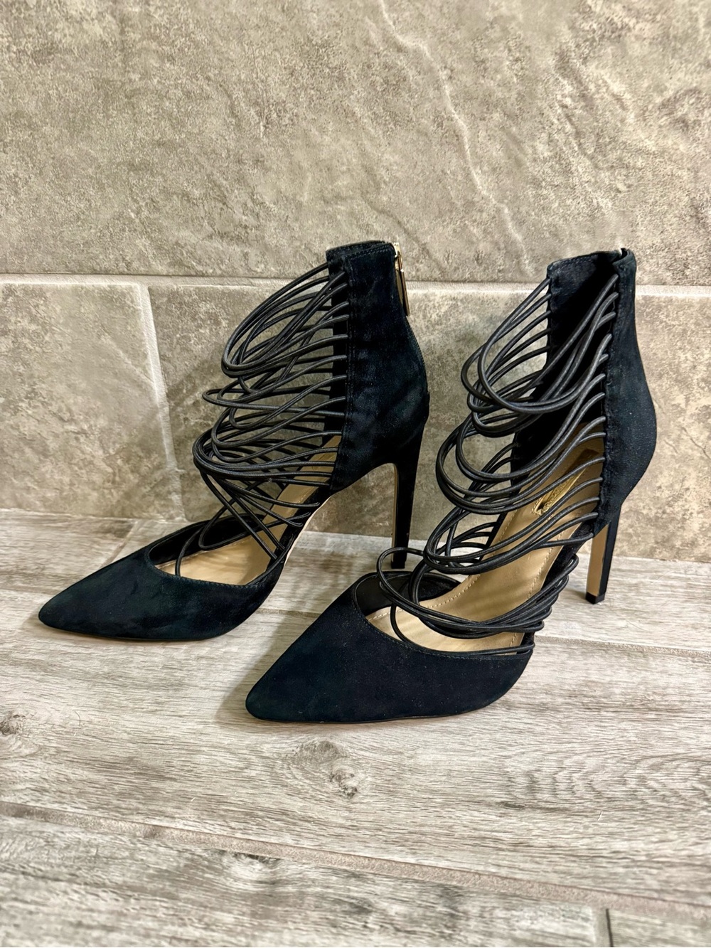 BCBGeneration Black Strappy Pointed-Toe Stiletto Heels